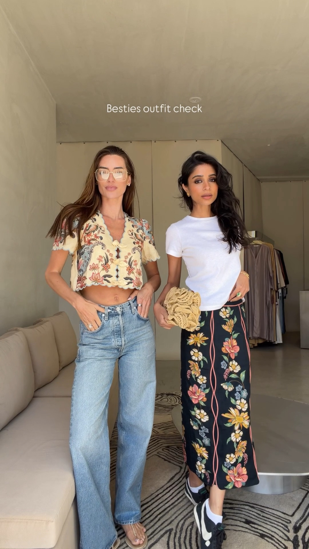 Farm Rio, blue jeans, Khaite T-shirt, Rene Caovilla, floral skirt, spring outfit, butter yellow top 

#LTKootd