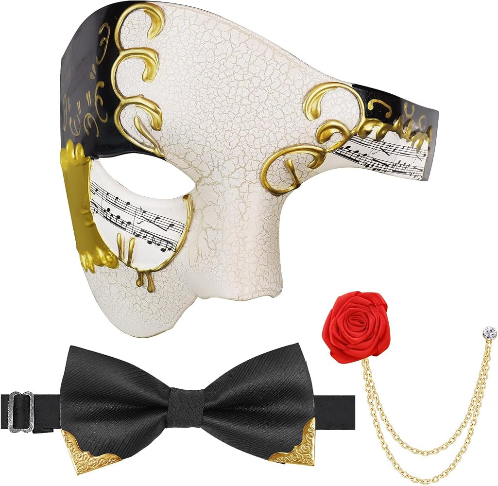 Phantom of The Opera Mask Masquerade Mask for Men with Bowtie Brooch | Amazon (US)
