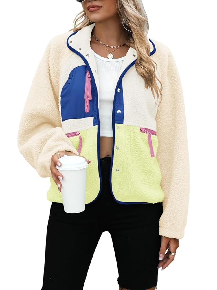 Yanekop Womens Fleece Jacket Fuzzy Long Sleeve Short Winter Coats Button Down Sherpa Jacket Outer... | Amazon (US)