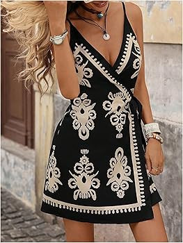 RoseSeek Women's Tropical Print Cami Dress Sleeveless Wrap V Neck Tie Knot Boho Short Dresses | Amazon (US)