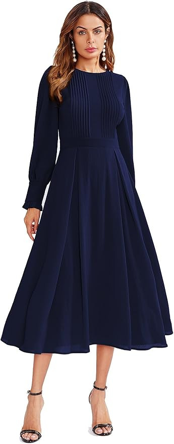 Milumia Women's Elegant Frilled Long Sleeve Pleated Fit and Flare Dress | Amazon (US)
