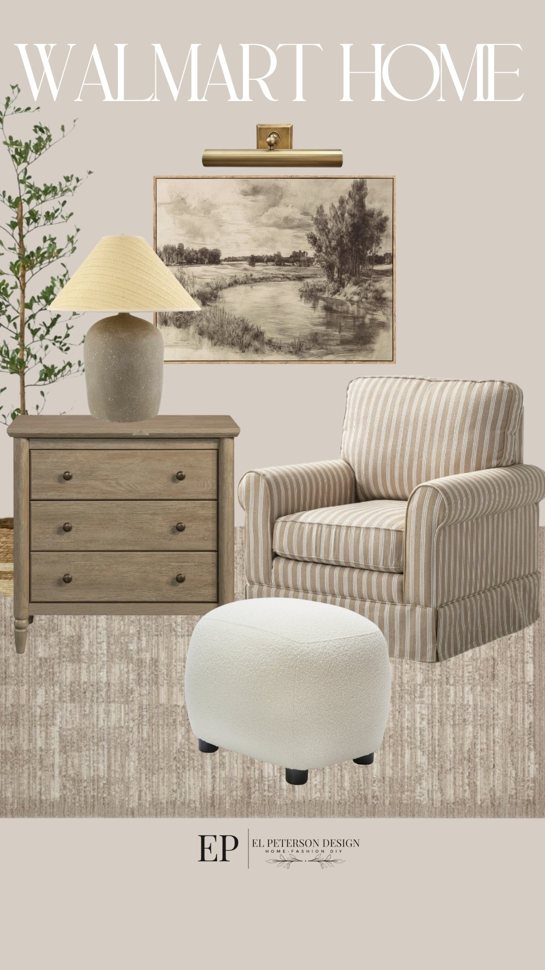 Walmart Home
Artwork
Picture light
Accent chair
Ottoman
Area rug
Nighstand
Table lamp
Olive tree 

#LTKHome