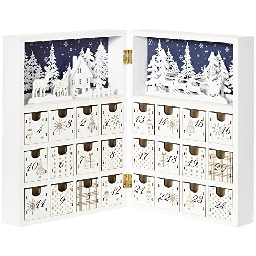 HOMCOM Wooden Christmas Advent Calendar Book, Table Holiday Decoration with 24 Countdown Drawers, for Kids and Adults, White | Amazon (US)