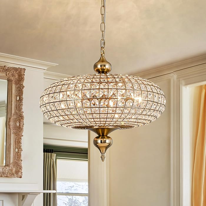 20.5" Antique Brass Crystal Chandelier, Large Farmhouse Dining Room Light Fixture, 5-Light Vintag... | Amazon (US)