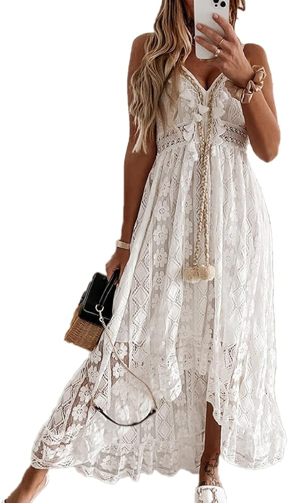 Floralmia Women's V Neck Floral Lace Crochet High Low Backless Bohemian Spaghetti Strap Maxi Long... | Amazon (US)