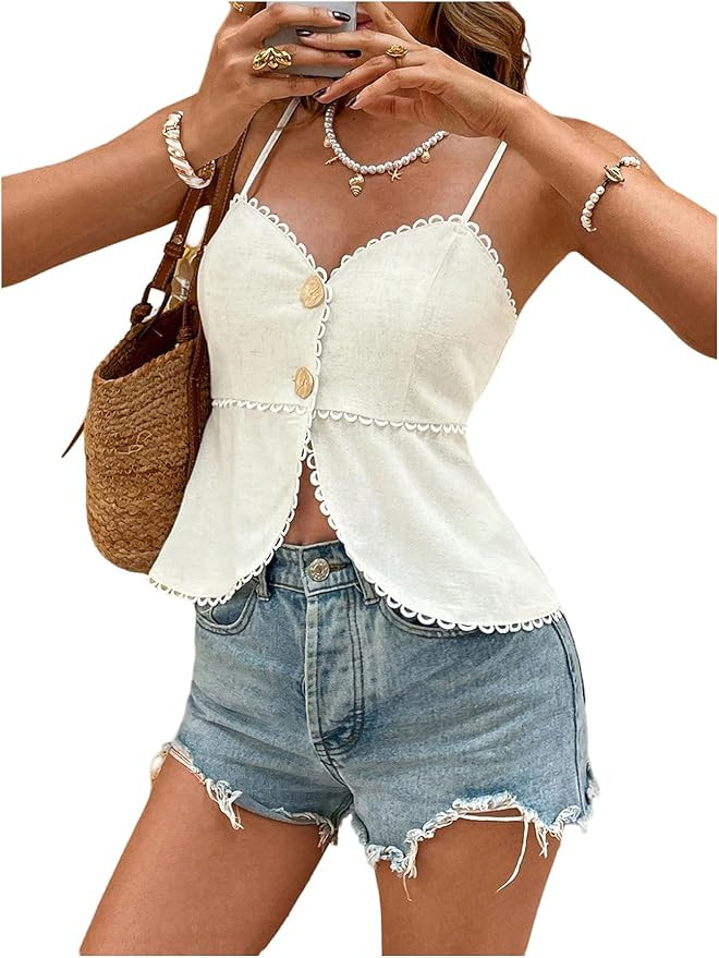 OYOANGLE Women's Floral Button Down Summer Cami Top Spaghetti Strap Sleeveless Beach Vacation Shi... | Amazon (US)