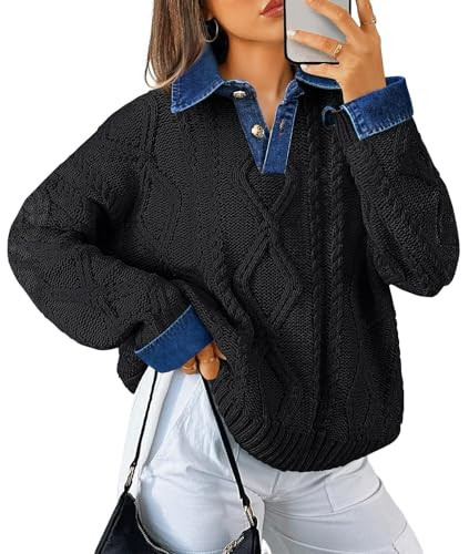 Soesdemo Chunky Sweater for Women Oversized Cable Knit Button Down Polo Neck Long Sleeve Pullover Tunic Sweaters Black S | Amazon (US)