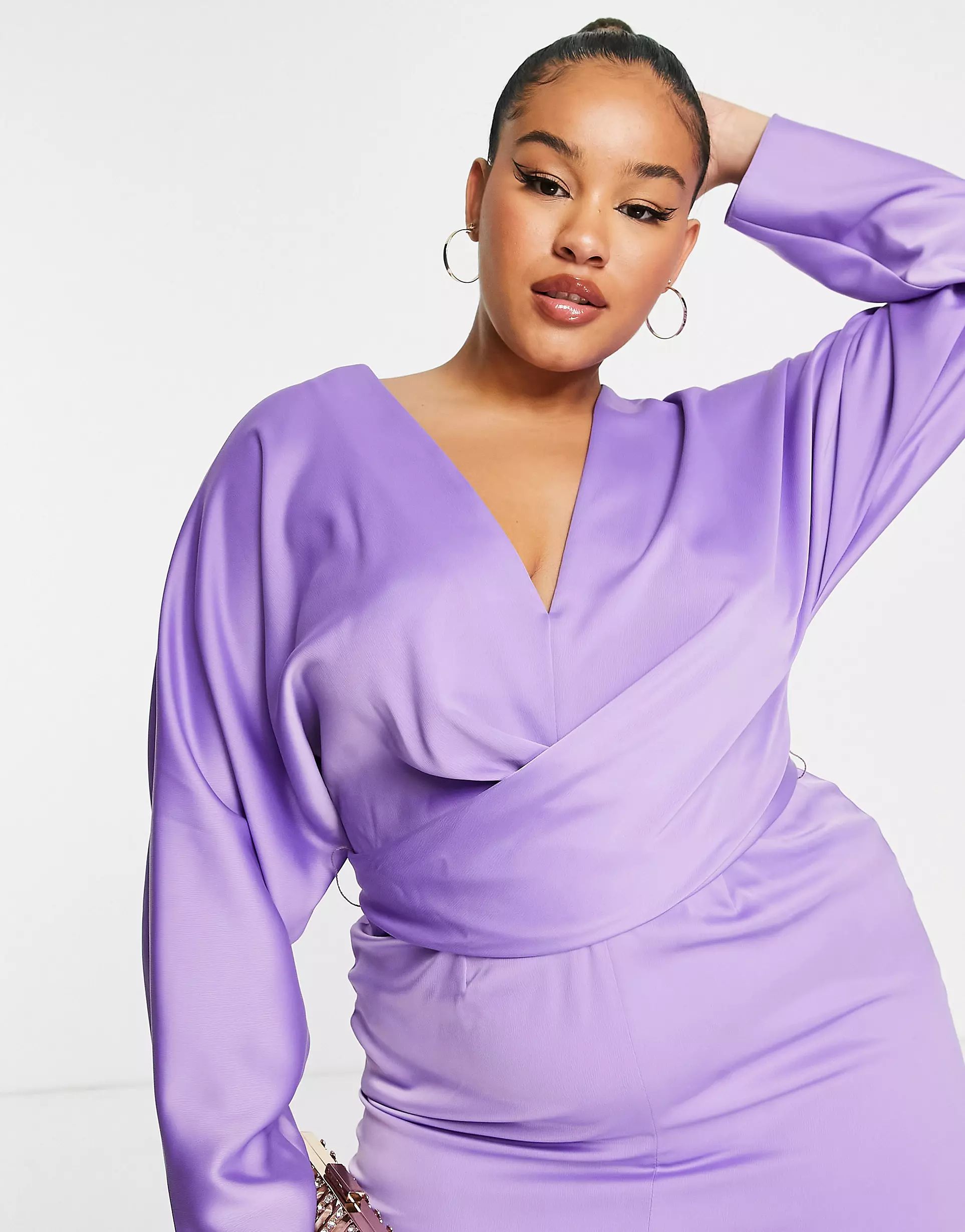 ASOS DESIGN Curve midi dress with batwing sleeve and wrap waist in lilac satin | ASOS (Global)