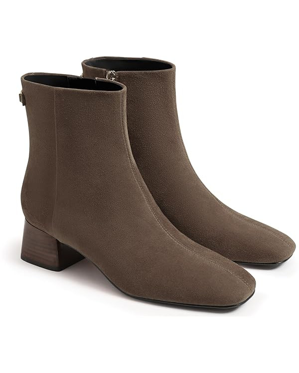 Coutgo Womens Ankle Boots Chunky Low Heel Square Toe Booties Side Zipper Winter Dress Shoes | Amazon (US)