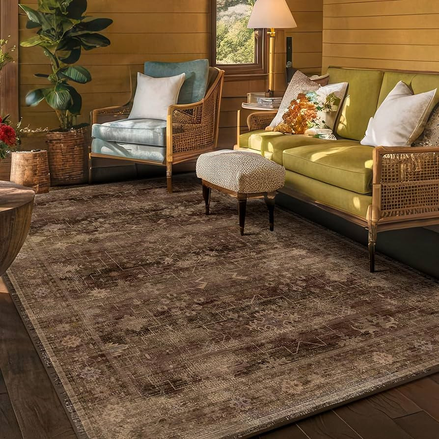 Boho Taupe Brown 5x7 Living Room Rug - Modern Vintage Traditional Oriental Neutral, Washable Low ... | Amazon (US)