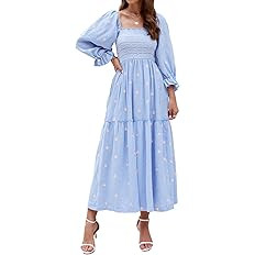 Women Floral Embroidered Maxi Dress Long Puff Sleeve Square Neck Bohemian Flowy Dress with Pocket... | Amazon (US)