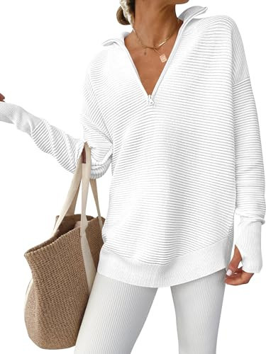ANRABESS Women Long Sleeve Quarter Zip Pullover Fall Sweater, White, L | Amazon (US)