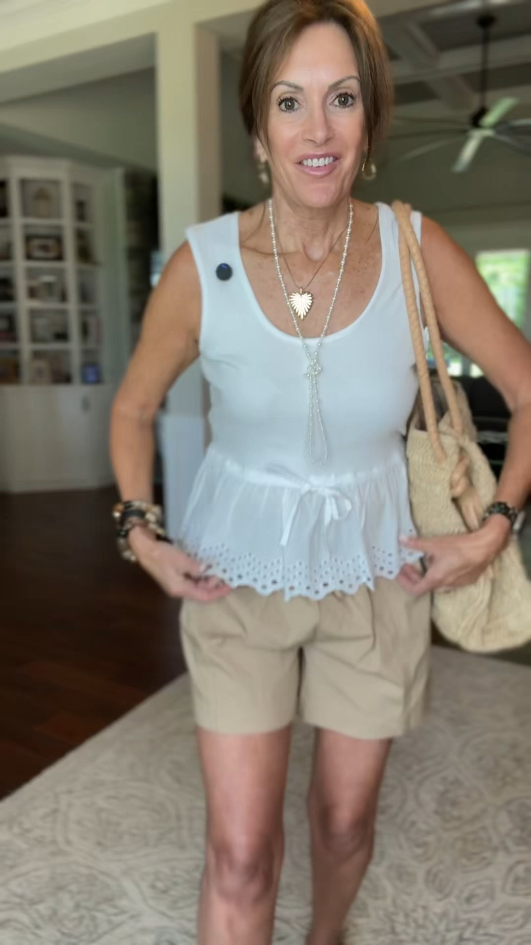 Peplum tank - large ( but it’s too big)
Elastic waist tie shorts / size medium 

Summer outfit 
Vacation outfit 
Elevated casual

#LTKMidsize #LTKOver40