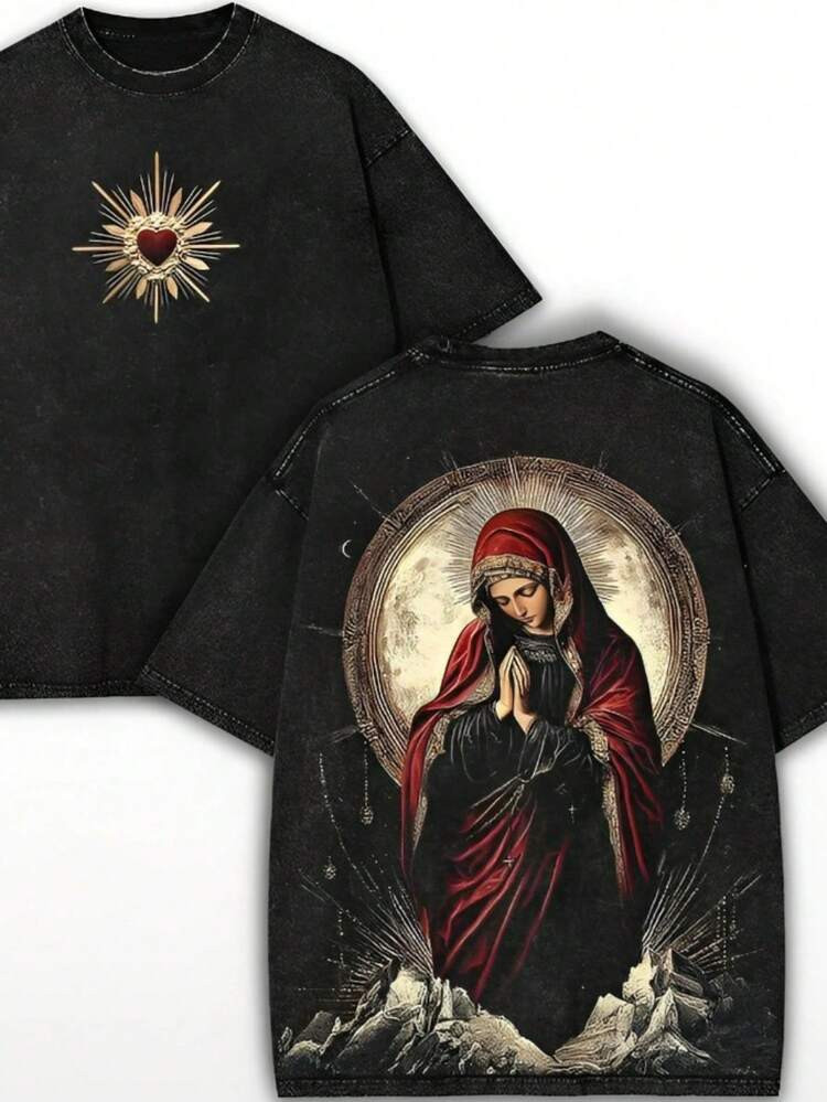 Men's Washed T-Shirts,Mens Clothes,Graphic Tee,Sacred Heart Virgin Mary Tee – Washed Black Gothic Faithcore Shirt With Red Cloak Holy Back Art For Vintage Streetwear Fans | SHEIN
