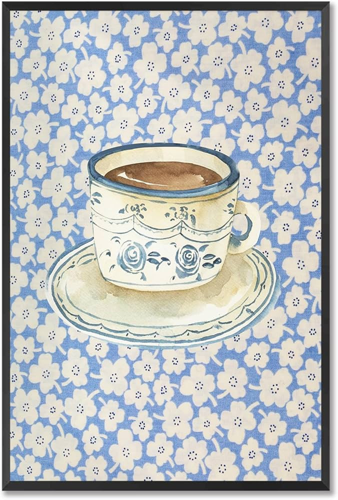 Vintage Blue Rose Pattern Coffee Cup Set Framed Poster Ceramic Mug And Saucer Dark Coffee Canvas ... | Amazon (US)