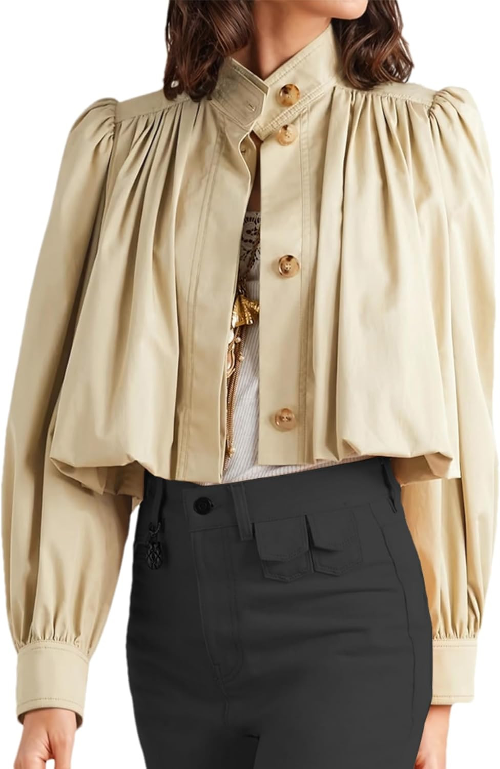 Womens Cropped Pleated Jacket Button Trench Coat Casual Outwear | Amazon (US)