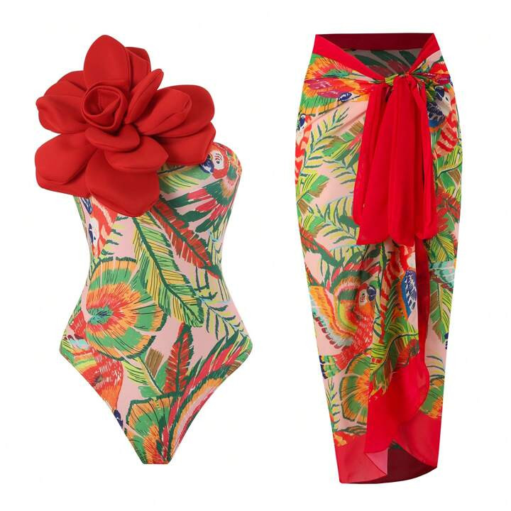 New Arrival Tropical Print Plus Size 3D Flower Monokini With Cover Up Set, Hot Spring Swimwear. S... | SHEIN