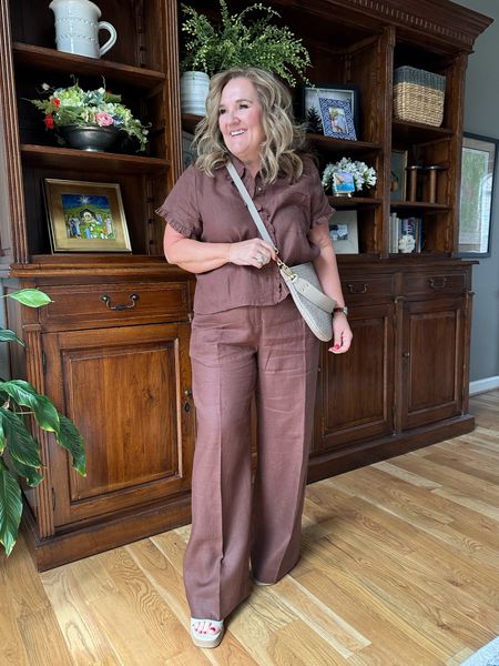 This Brown linen is beautiful. Wearing a large in the blouse, and a 14 in the pants. If you want the pants more fitted, order your smaller size. 

JCREW sale spring outfit vacation outfit 

#LTKSeasonal #LTKsalealert #LTKover40
