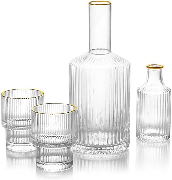 Harmony Home 4 Piece Elegant Hand Crafted Glass Bedside Water Carafe and Glass Set with Gold Trim... | Amazon (US)