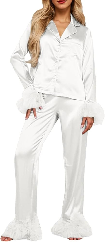 Women Christmas Pajamas 2 Piece Satin Silk Pjs Set Feather Trim Button Down Long Sleeve Tops and ... | Amazon (US)