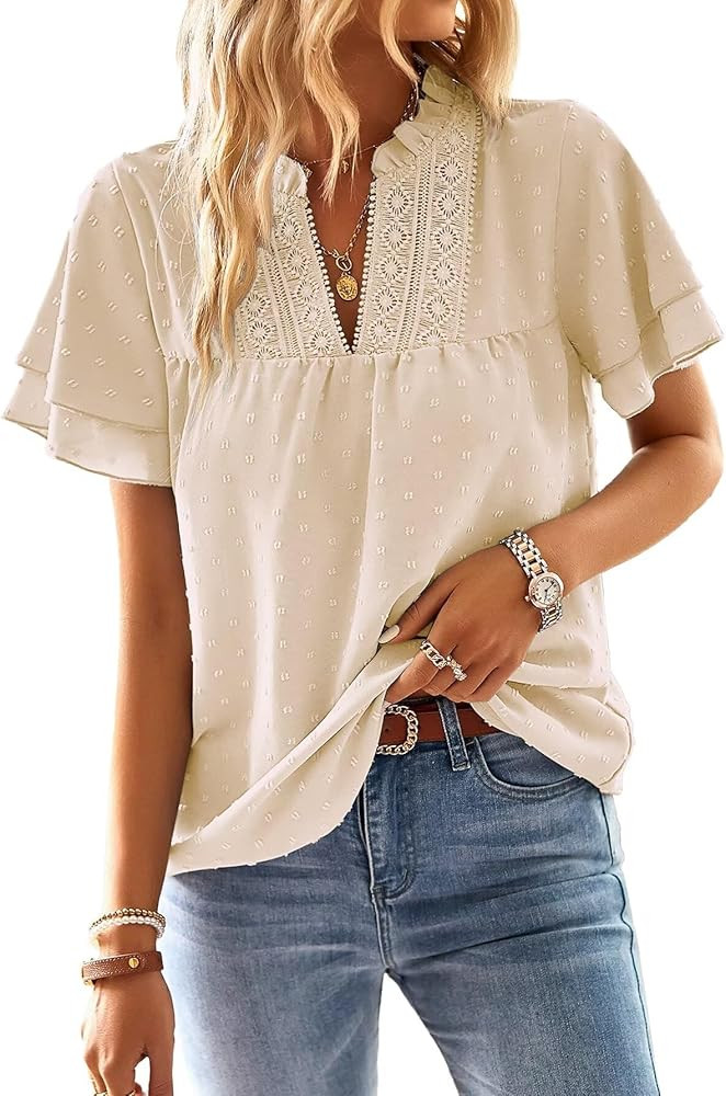 Womens Tops Butterfly Sleeve V Neck Blouses for Women Dressy Casual Flowy Swiss Dot Ruffle Short ... | Amazon (US)