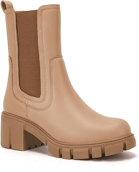 TINSTREE Women's Lug Sole Platform Boots Mid Calf Elastic Chunky Block Heel Leather Chelsea Booti... | Amazon (US)