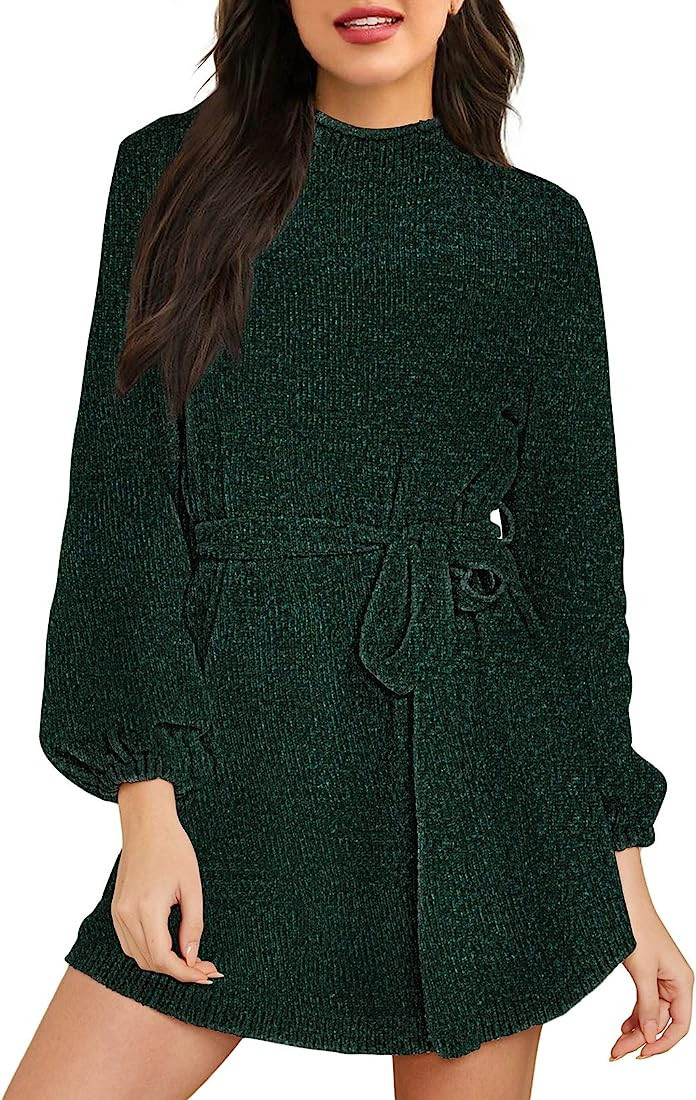 VamJump Women's Mock Neck Mini Sweater Dress Lantern Long Sleeve Chenille Sweater Dress with Belt | Amazon (US)