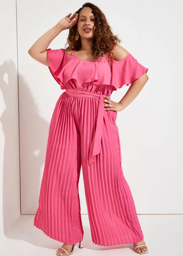 Flounced Pleated Wide Leg Jumpsuit | Ashley Stewart