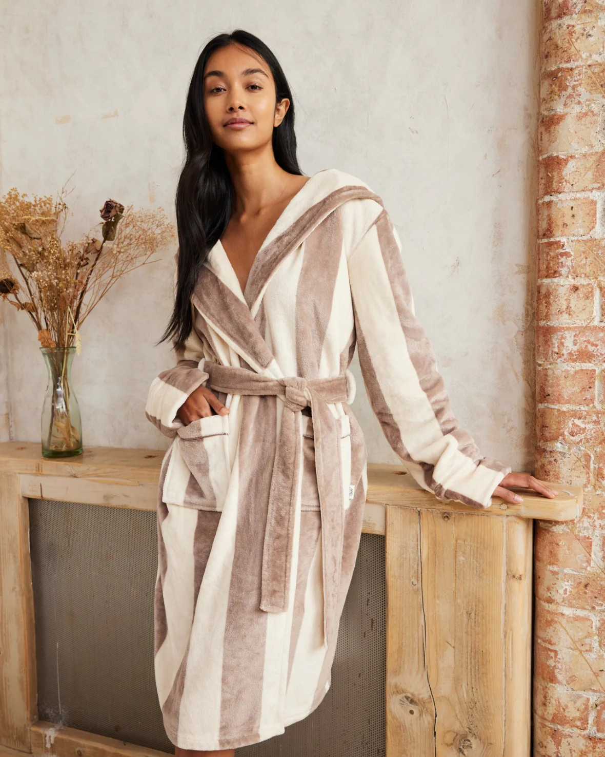 Fleece Stripe Dressing Gown - Taupe | Chelsea Peers NYC