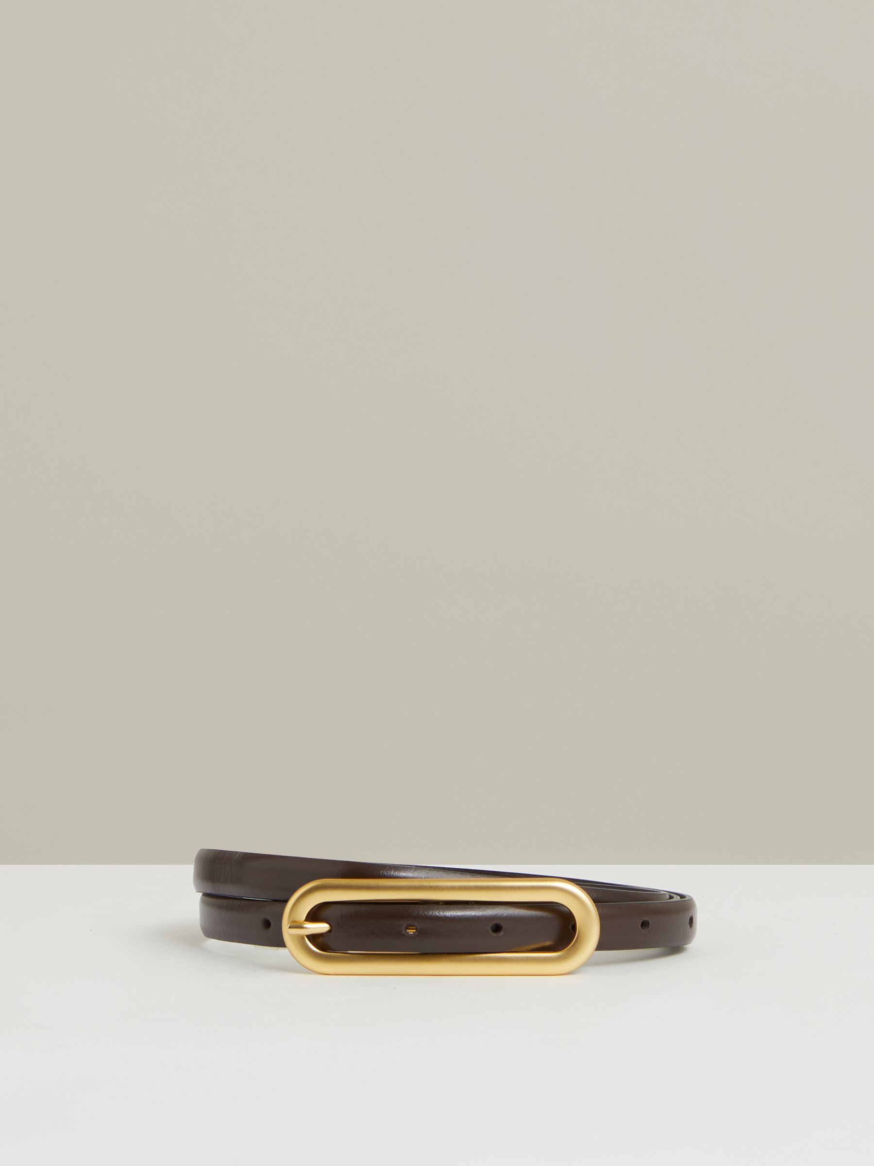 Thin Leather Elongated Buckle Belt in Chocolate | Reiss UK