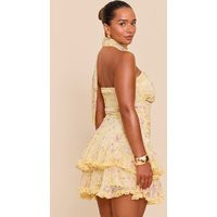 SHAPE Pastel Yellow Chiffon Ditsy Floral Print Tiered Frill mini Dress, Lemon | PrettyLittleThing US