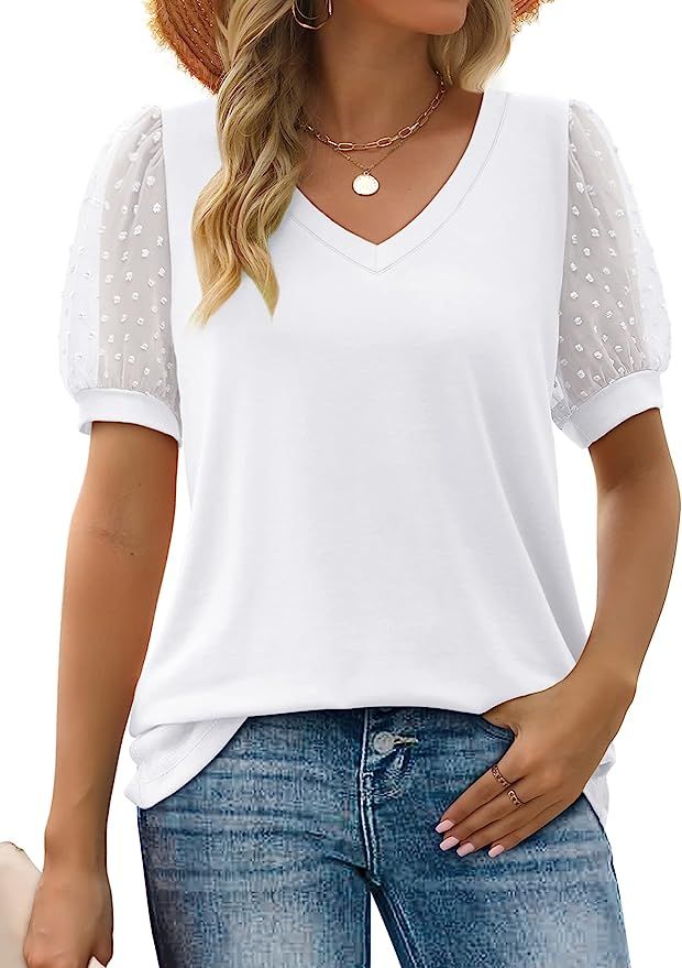 Aokosor Womens Summer Tops V Neck T Shirts Swiss Dot Puff Sleeve Tops Loose Casual Tshirts | Amazon (US)