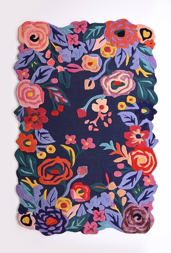 Handmade Floral Irregular Wool Area Rug | Vibrant Multicoloured Flowers on Navy Background, Soft ... | Amazon (US)