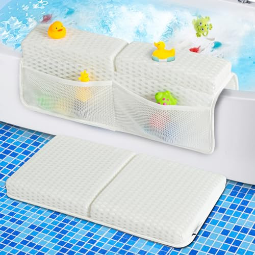 Baby Bath Kneeler and Elbow Rest Pad Set, 1.5'' Thick Quickly Dry bathtub Kneeler Pad with Baby Toys & Bath Accessories Organizer, Bath Kneeling Pad and Elbow Pad for Baby Tub,Non-Slip Bath Mat(White) | Amazon (US)