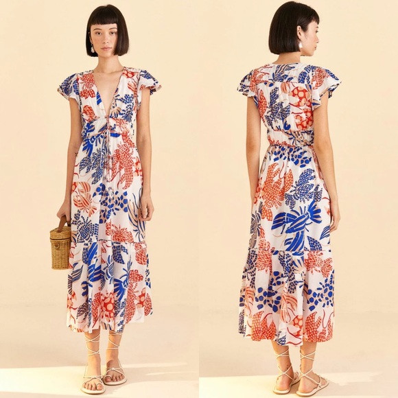 New! FARM Rio Mixed Lobsters Print Tiered Cotton Off-White Midi Dress Sz Small | Poshmark