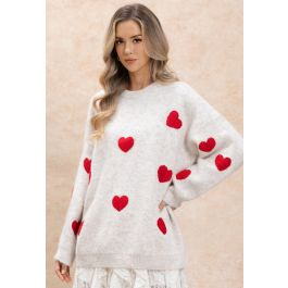 Baggy Fuzzy Hearts Knit Sweater in Ivory | Chicwish