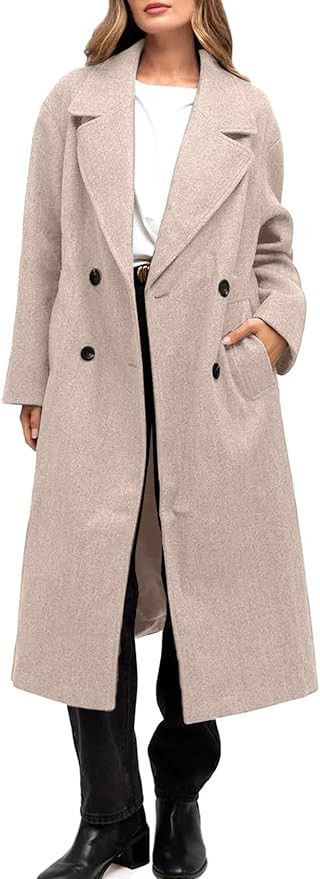 Shiyifa Womens Long Wool Coat Winter Notch Lapel Double Breasted Pea Trench Coat with Pockets | Amazon (US)