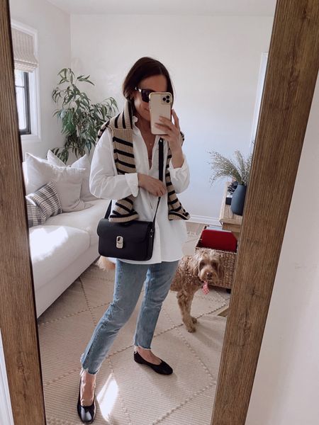 Straight leg denim- I recommend taking these in your regular size- they will be snug at first, but they’re 100% cotton and they will stretch out 
Black ballet flats (these required a bit of a break in period for me personally) 
Striped sweater is on sale 

#LTKsalealert #LTKstyletip