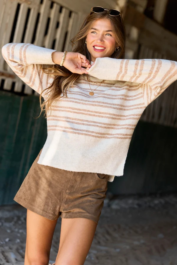 Comes Naturally Neutral Stripe Mock Neck Sweater | Pink Lily