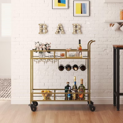 2-Tier Rolling Bar Cart with Mirrored Shelves, Wine Rack & Glass Holder – Compact Home Beverage Serving Trolley, Gold + Mirror | Target