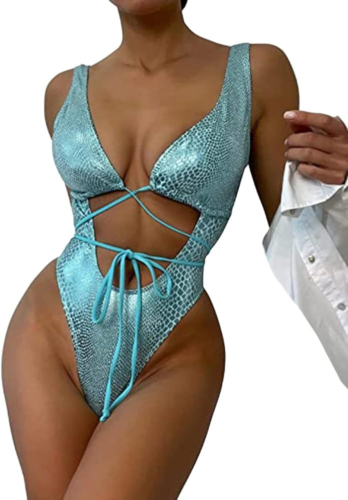 Womens Rave Wear One Piece Bodysuit Snakeskin Print Sexy Leg Rings Swimsuit for Festival Dance Ra... | Amazon (US)