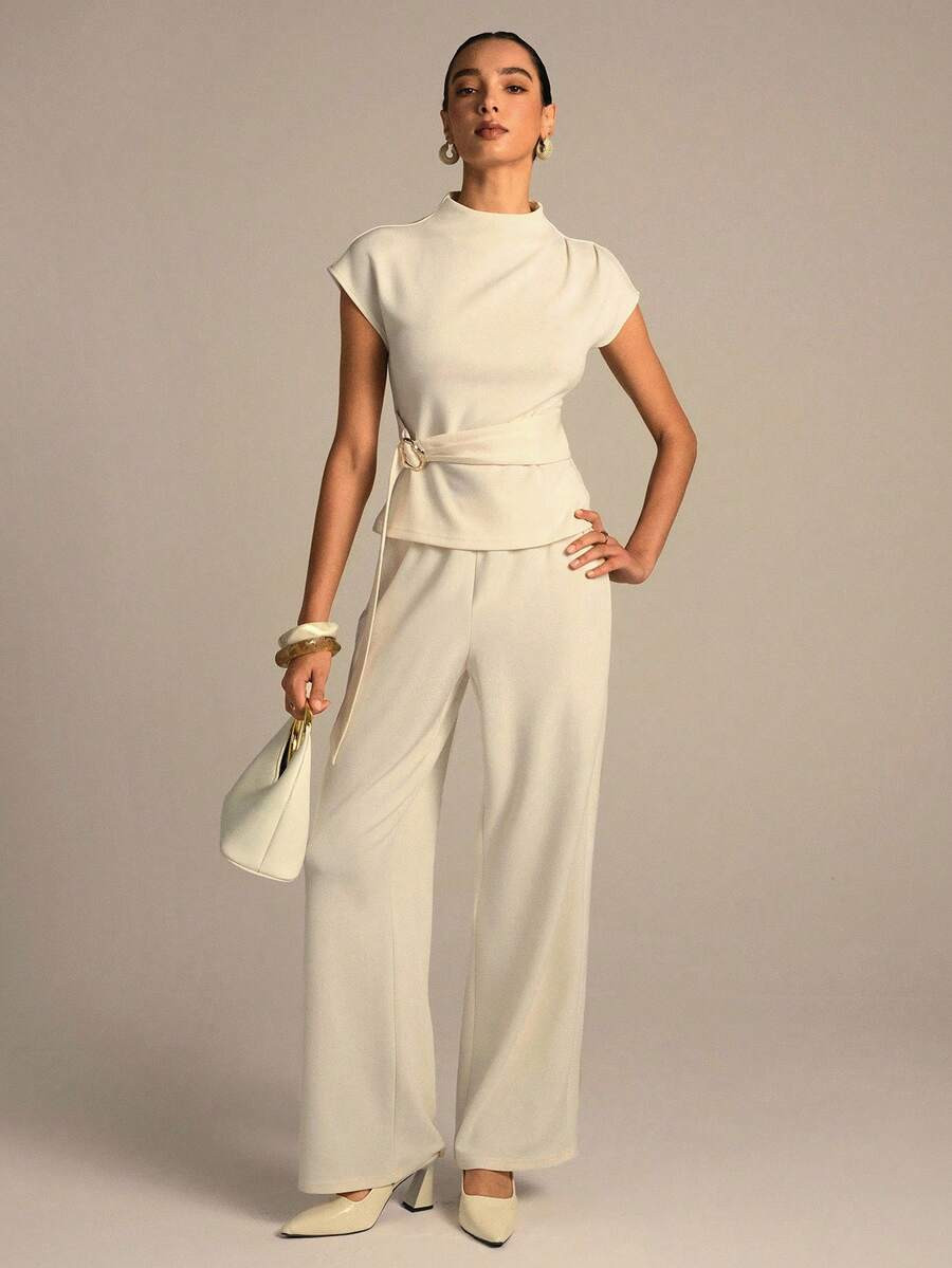 Modelyn 2pcs Metal Decor Button Collar Short Sleeve Elegant Set Wide Leg Pants Set Two Piece Set | SHEIN