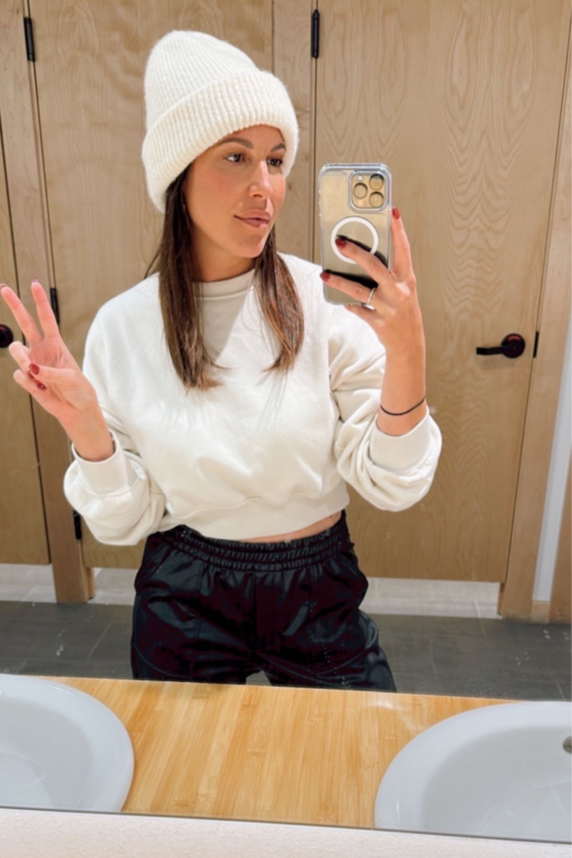 Leather joggers 
White beanie 
Acne beanie dupe 


#LTKstyletip #LTKunder100 #LTKSeasonal