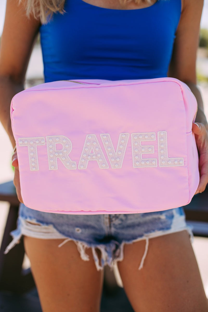 Travel XL Makeup Bag - Pink Beaded | KenzKustomz