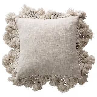 18 in. x 18 in. Cream Square Crochet and Tassels Cotton Slub Pillow | The Home Depot