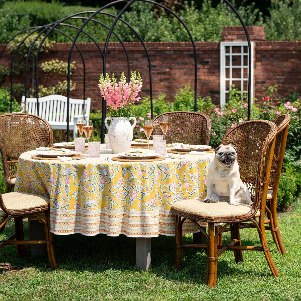 Climbing Dahlia Yellow Floral Tablecloth | Vibrant Table Linens | Pomegranate