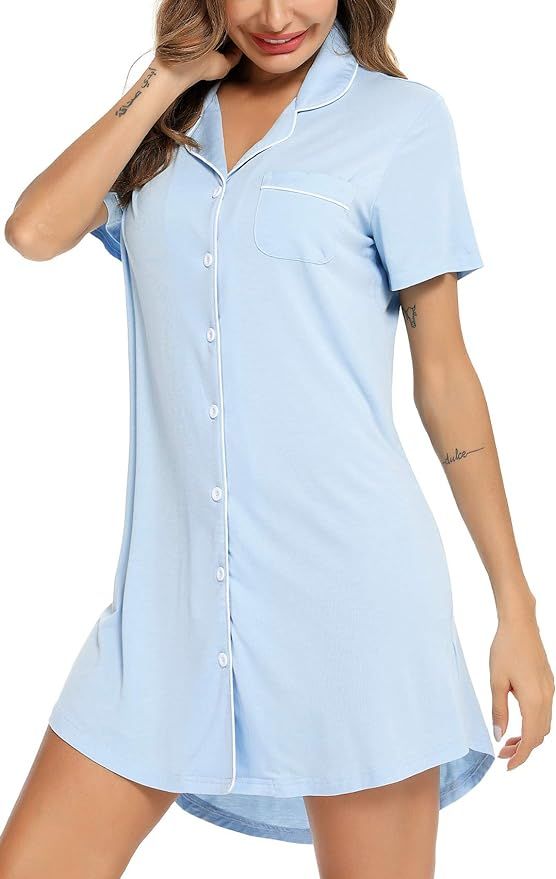 Samring Pajama Nightgown for Women Short/Long Sleeve Button Down Nightwear Top Boyfriend Sleep Sh... | Amazon (US)