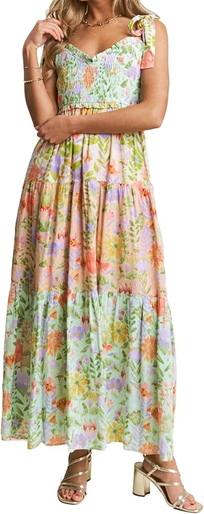 Women Tie Shoulder Floral Maxi Dress Sleeveless Tie Up Backless Smocked Flowy Dress Boho Ruffle A... | Amazon (US)