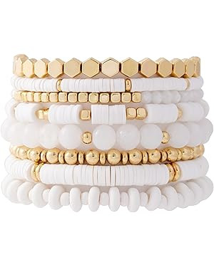 GOOJIDS Surfer Heishi Clay Bead Bracelets for Women Bohemian Stackable Gold Beaded Stretch Bracel... | Amazon (US)