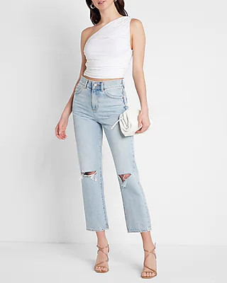 High Waisted Light Wash Ripped Straight Ankle Jeans | Express